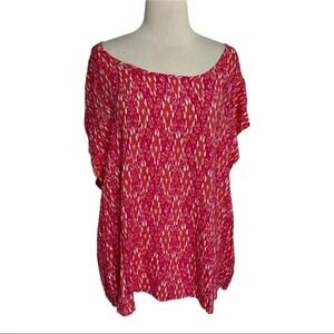 Rose & Rhyme Top‎ 3X Red Pink Ikat Print Short Sleeve Keyhole Back Boho Blouse
